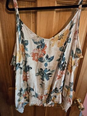 Maurices Cream Floral V-Neck Blouse with Teal & Coral Accents